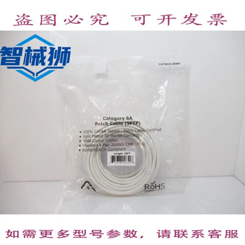 现货供应 CAT6AS-35WH RJ45 CAT6A SSTP 10GB 模压跳线 白色 35
