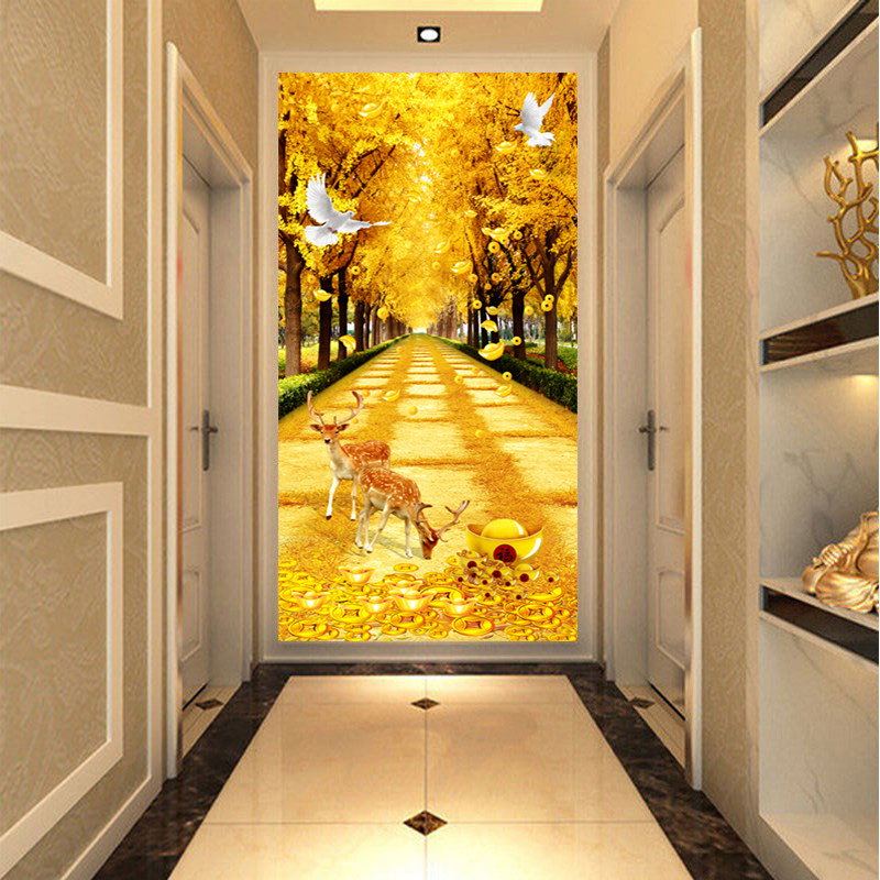 8d立体发财树玄关壁纸招财壁画走廊过道墙纸客厅装饰画进门5d墙布