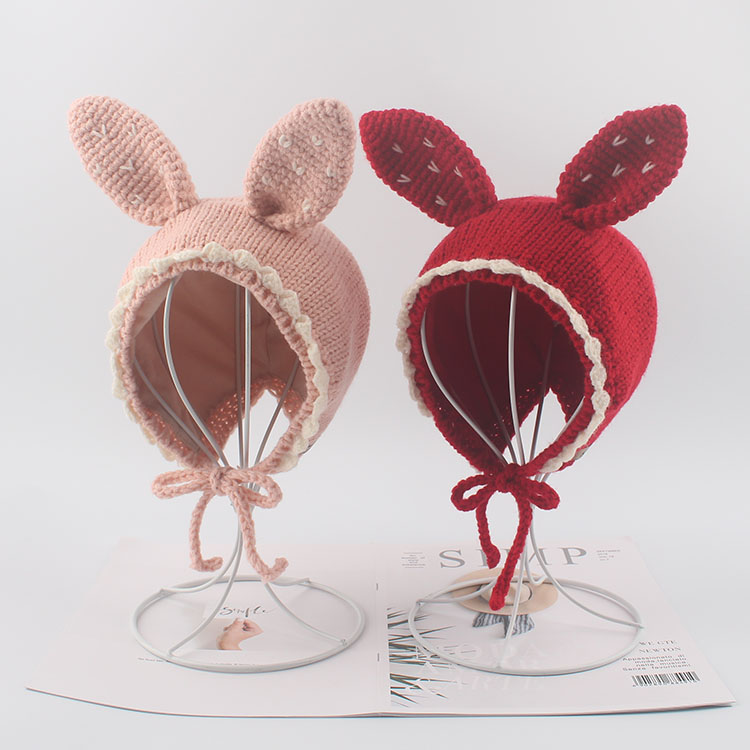 新款兔子耳朵防风包头男女宝宝帽子 婴幼儿针织毛线儿童帽子