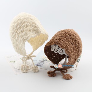 INS手工编织婴儿公主帽子秋冬保暖护耳帽女宝宝毛线帽可爱针织帽