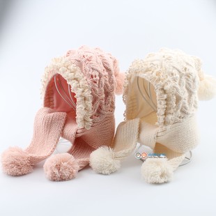 儿童蕾丝花边公主淑女帽子秋冬保暖女宝宝毛线针织围巾一体护耳帽