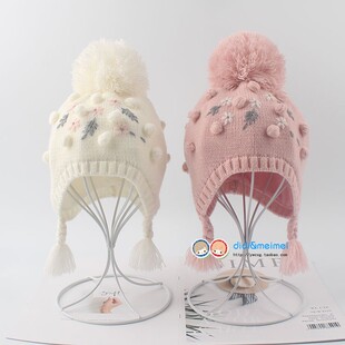 秋冬保暖加绒内里淑女针织宝宝公主毛线帽子 女童护耳绣花帽子