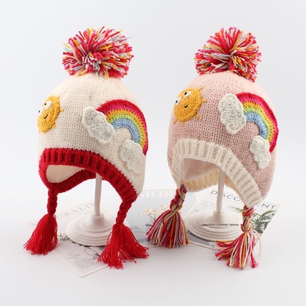 出口欧美毛球针织毛线帽子跨境秋冬彩虹保暖男女宝宝儿童护耳帽