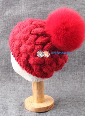 宝宝冬季毛线帽子男女喜庆新年大红色帽 儿童亲子狐狸毛球皮草帽