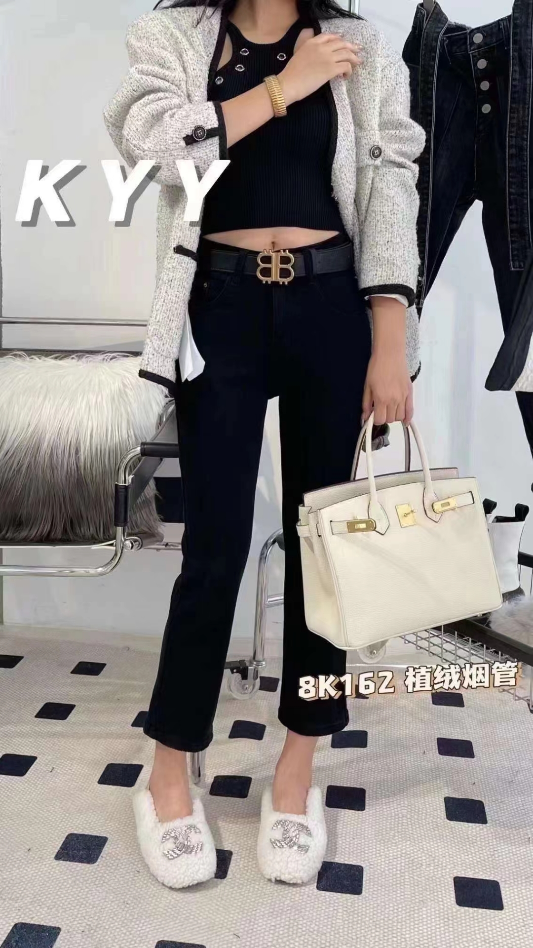 Kyy8K162黑色高弹复合绒超柔大码九分牛仔裤女烟管裤2023百搭