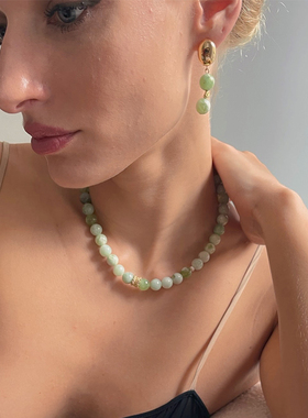 La maison et toi抹茶拿铁串珠项链复古国风天然石圆珠手串耳饰