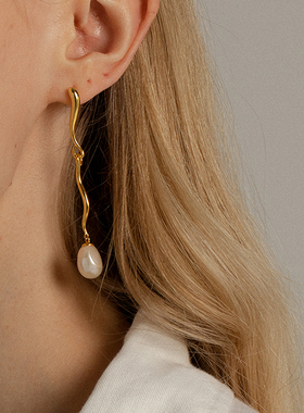 Unfolds水滴天然珍珠长款耳环女夏小众设计感高级冷性风气质耳饰
