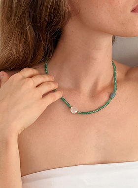 Et toi绿色水晶串珠项链小众简约设计感饰品多巴胺碧玺米珠锁骨链