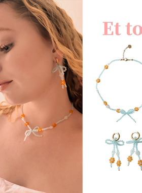 lamaison et toi水晶蝴蝶结串珠项链夏天撞色耳环法式甜美芭蕾风