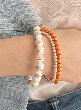 La maison et toi叠戴珍珠陶瓷串珠手链新复古中式手串小众高级感