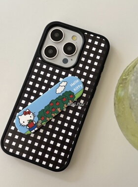 ins简约黑格纹可爱甜酷HelloKitty创可贴支架适用iPhone16promax/15pro/14/13苹果防摔防尘手机保护壳