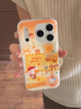 橙色枫叶Kitty猫爱心边双层适用于苹果新款17手机壳iPhone16趣味可爱14女款15防摔手机壳