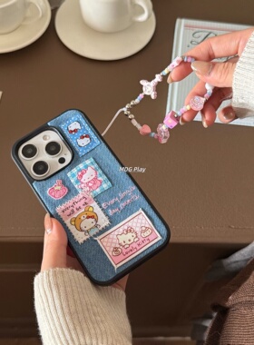 ins韩风蓝色牛仔贴布KT猫适用苹果17pro适用新款iPhone17promax小众16/15/14个性百搭手机壳