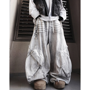 UUCSCC嘻哈美式复古直筒拖地牛仔裤高街潮牌工装做旧阔腿弯刀裤男