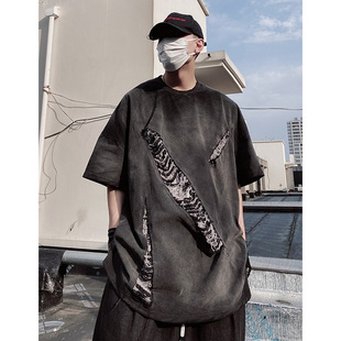 UUCSCC潮牌嘻哈高街宽松破洞重磅短袖 男 T恤vintage复古做旧五分袖