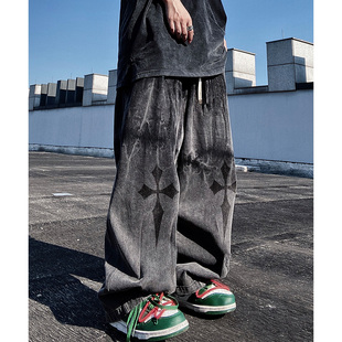 哥特风长裤 直筒宽松大码 男 工装 UUCSCC嘻哈复古高街阔腿黑色牛仔裤