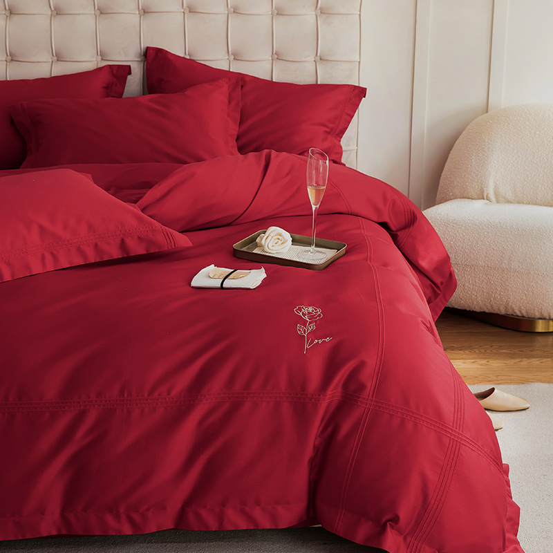 全棉婚庆100支纯棉红色纯色四件套长绒棉刺绣花公主风床上用品