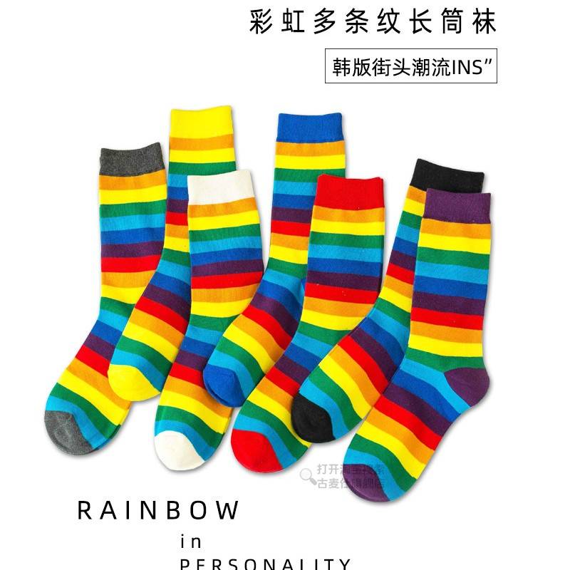 袜子女中筒袜春夏季韩版网红长筒彩虹日系糖果条纹高筒潮棉袜