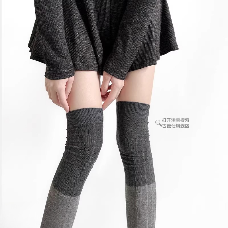 灰色过膝袜miu系学院风大腿袜百搭堆堆袜拼色长袜百搭长筒袜靴袜