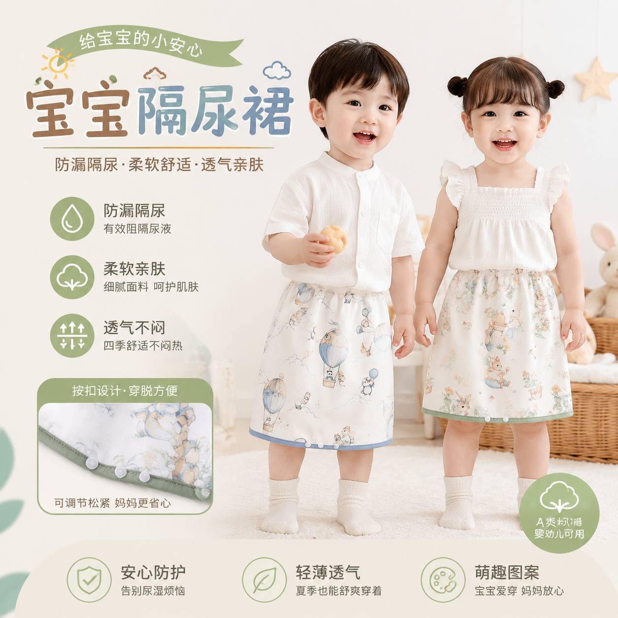 隔尿裙女童隔尿裤男宝宝儿童睡觉婴儿防水可洗训练裤戒尿不湿