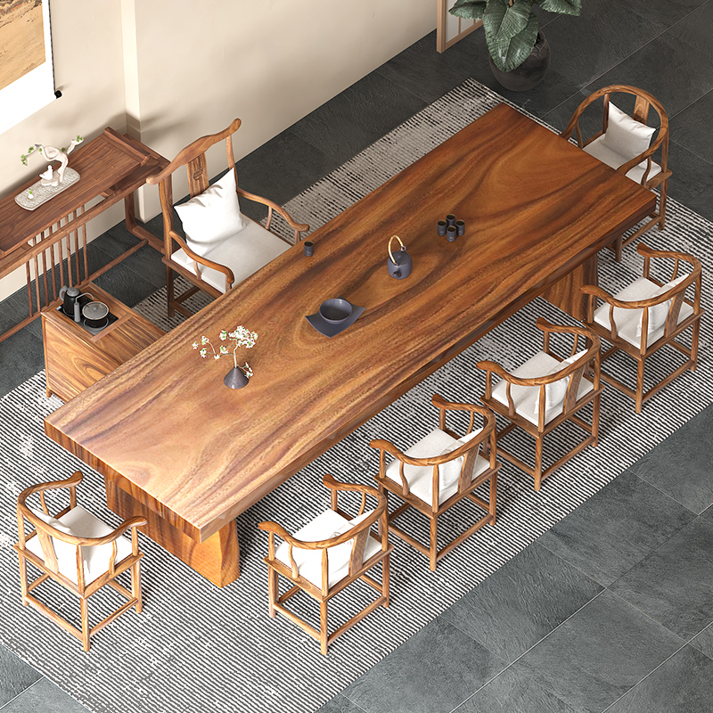 新中式大板胡桃木原木实木茶台禅意茶台办公室泡茶桌茶桌椅组合