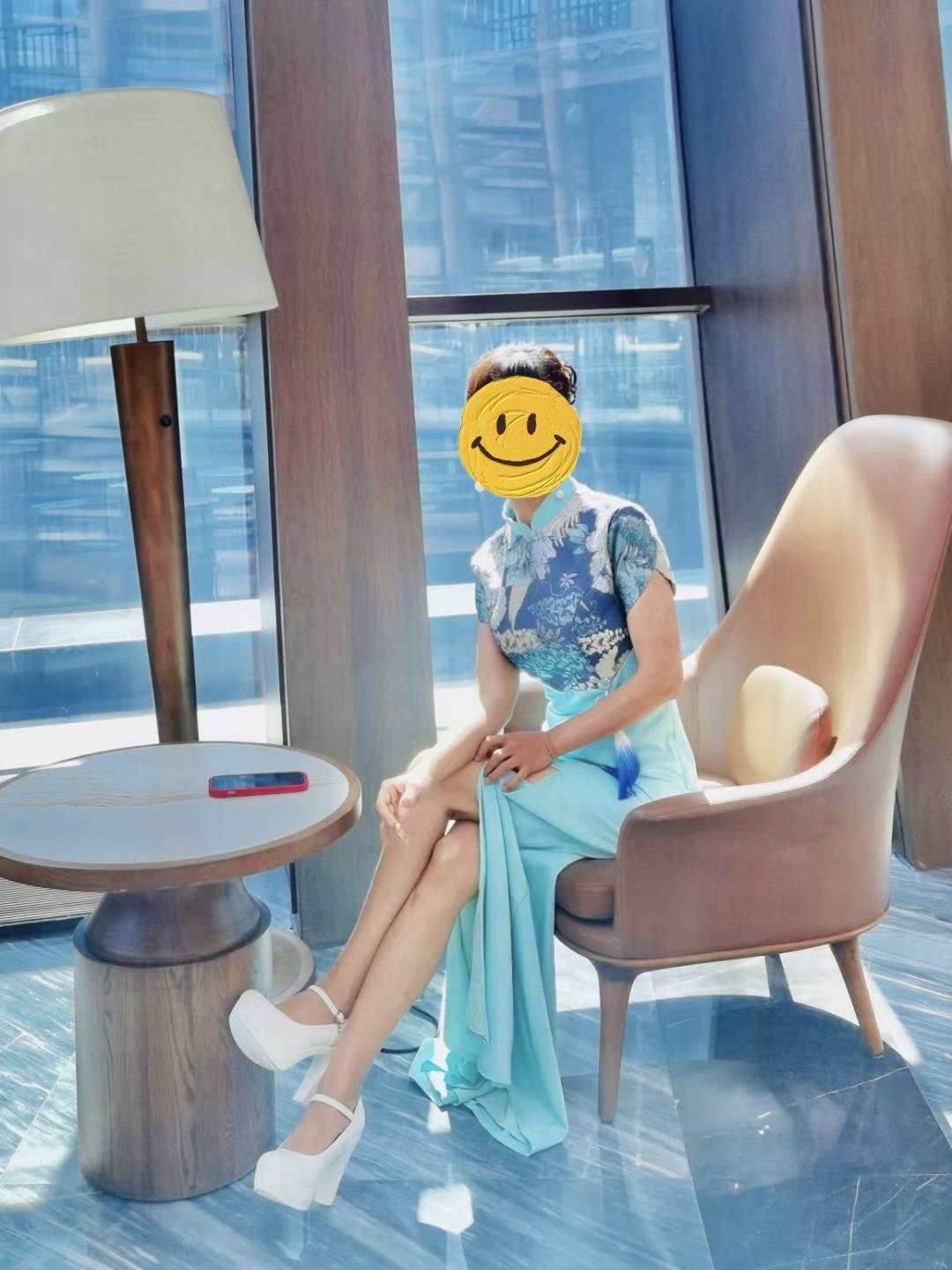 艺考水袖蓝色青花瓷长款旗袍礼仪服弹古筝服装酒店演出服颁奖服