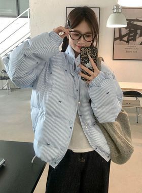 日韩vibe风条纹蝴蝶结棉服冬季新款百搭加厚保暖外套蓝色潮防寒