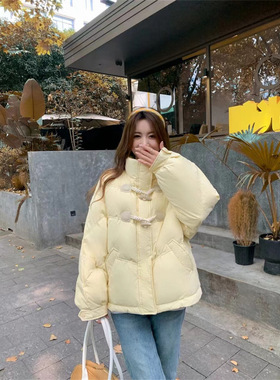 跨境2025冬季韩系短款牛角扣棉服奶黄色立领加厚棉衣面包服上衣