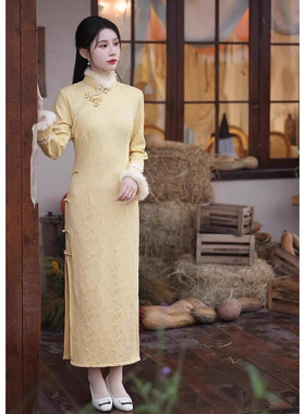 新中式旗袍2025新款冬季加绒加厚黄色气质名媛复古年轻款女感