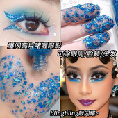 蓝色液体眼影大亮片爆闪舞台妆化妆师闪片液创意眼妆舞蹈演出妆造