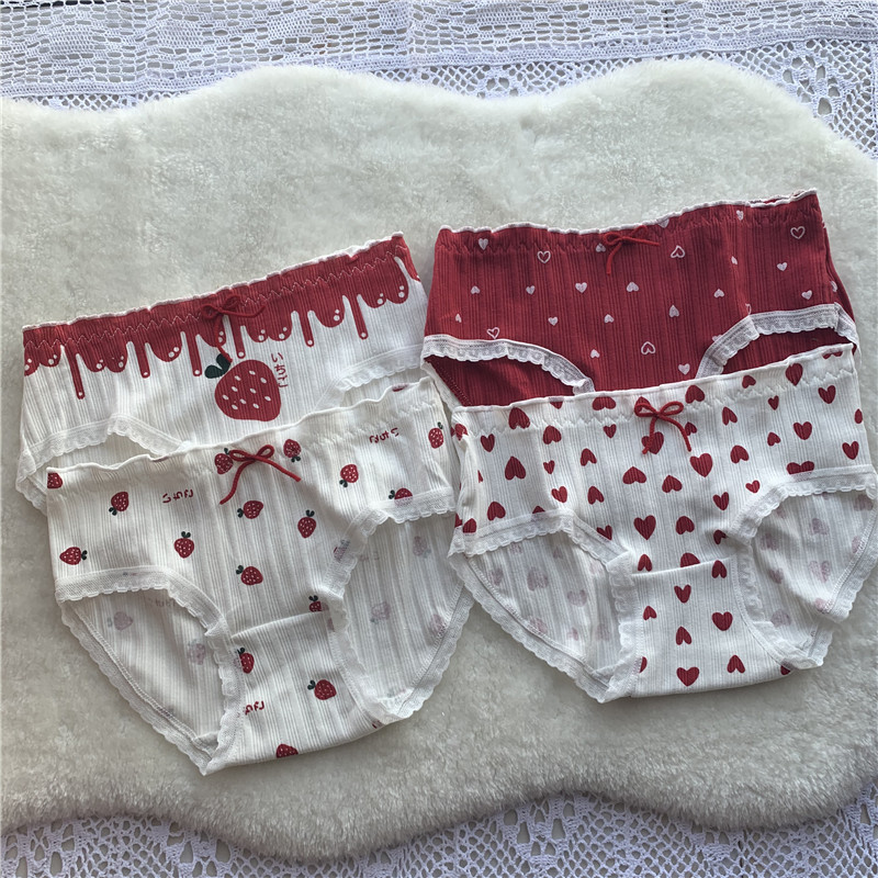 Real price new year's Christmas festive girl pure cotton mid waist underwear love bow four pack