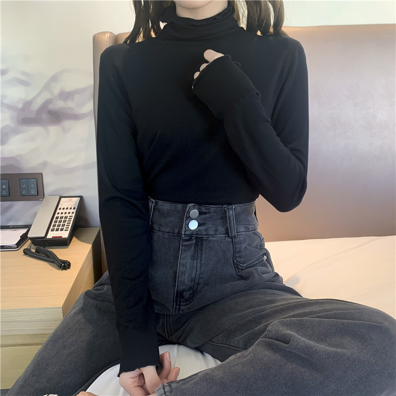 Real price autumn and winter bottoming shirt T-shirt thin velvet warm top long sleeve slim fitting ear edge half high collar bullet
