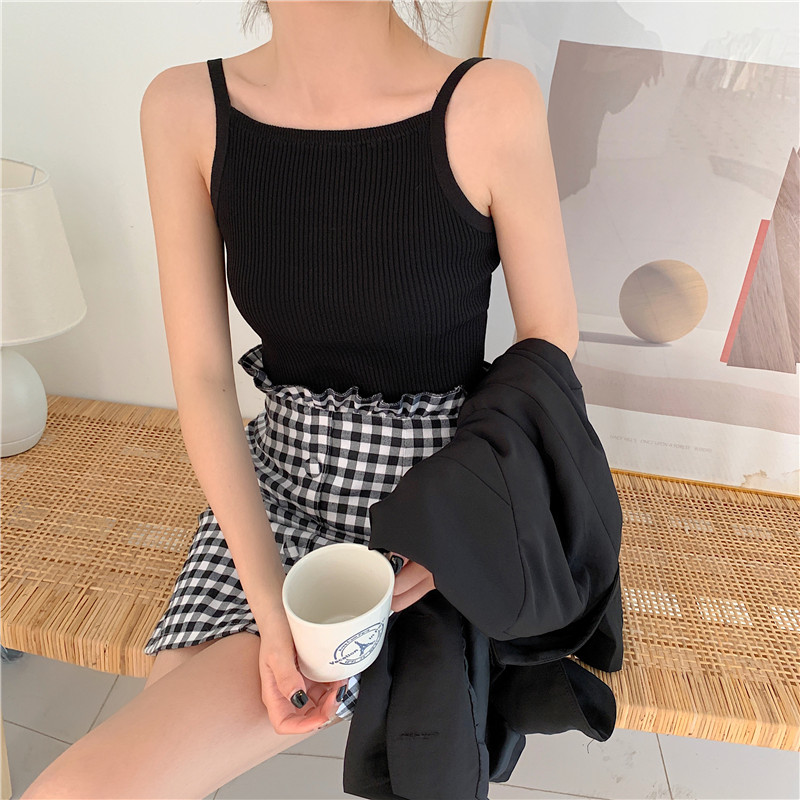 Real shot real price spring new Korean striped pure color elastic slim knit top suspender vest