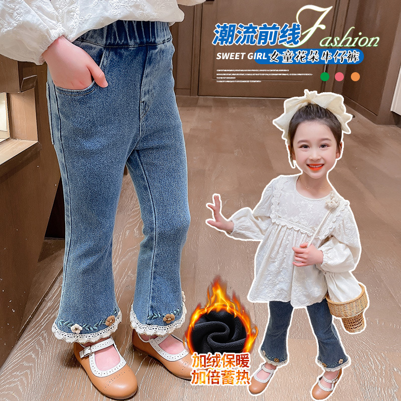 女童立体花朵加绒牛仔裤秋冬款2025新款儿童韩版时尚女孩加厚
