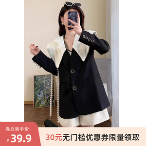 S20121 田原~特 重工盘花撞色大翻领~韩版休闲通勤西装外套女