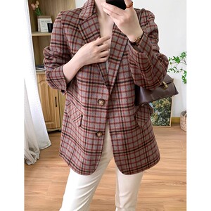 D03534 田原~品*wei单~复古西装领格纹 绵羊毛手工双面呢大衣女~