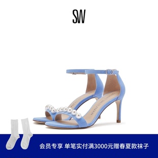SW NUNAKEDSTRAIGHT PEARLS 夏季珍珠装饰细高跟一字带凉鞋仙女