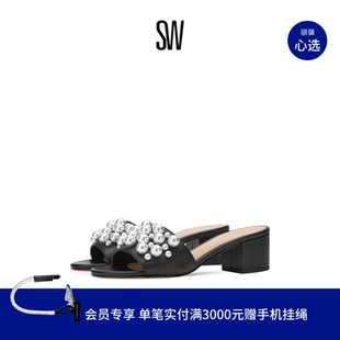 BLOCK SLIDE 珍珠装 女外穿夏 饰方跟拖鞋 GOLDIE