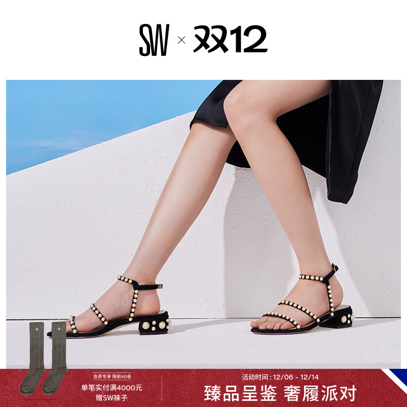 SW春夏粗跟厚底珍珠凉鞋罗马凉鞋