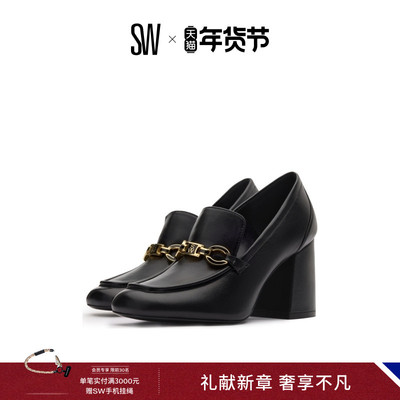SW平头粗跟浅口金属高跟鞋单鞋
