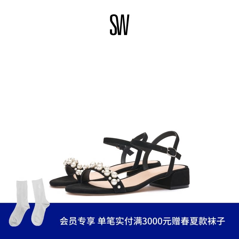 SW GOLDIE 35 BLOCK SANDAL 优雅珍珠装饰圆头一字带凉鞋