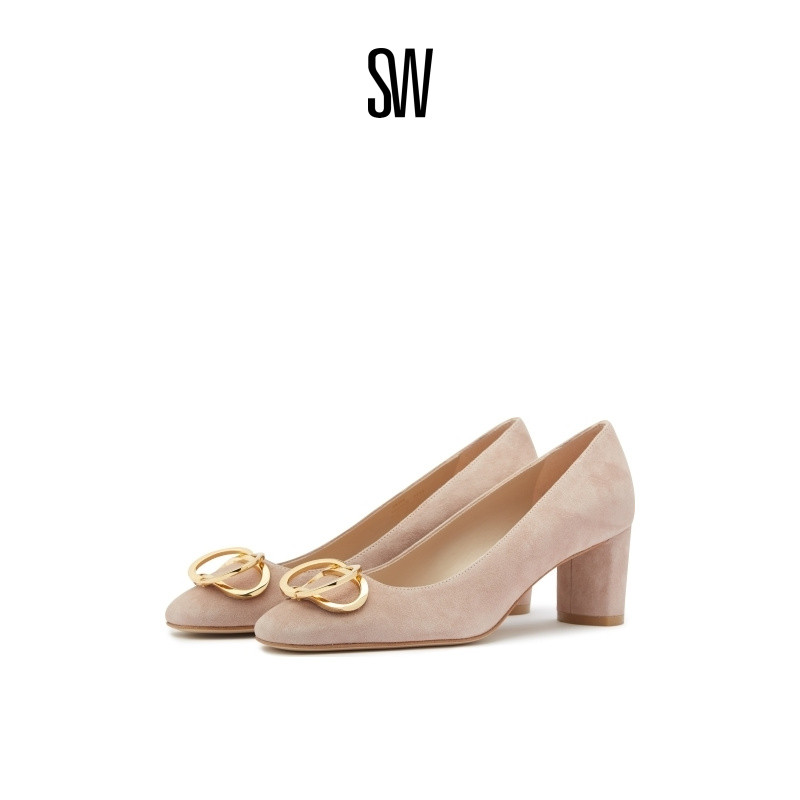 SW春夏双环扣方跟圆头高跟鞋