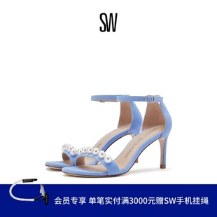 SW NUNAKEDSTRAIGHT PEARLS 夏季珍珠装饰细高跟一字带凉鞋仙女