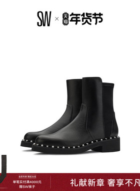 SW 5050 REVERIE BOOTIE 2025新款水晶珍珠装饰方跟短靴女烟筒靴