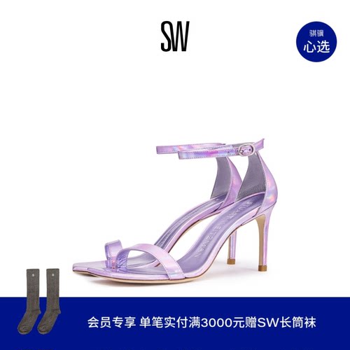 SW新款细高跟方头一字带凉鞋女
