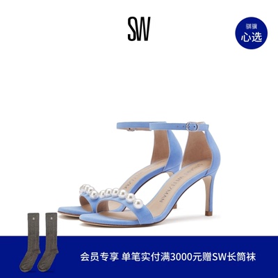 SW夏季珍珠细高跟一字带凉鞋