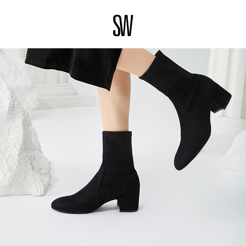 SW粗方跟圆头瘦瘦靴女