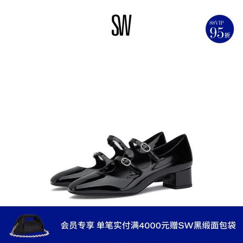 SW25新款双扣带粗跟高跟玛丽珍鞋