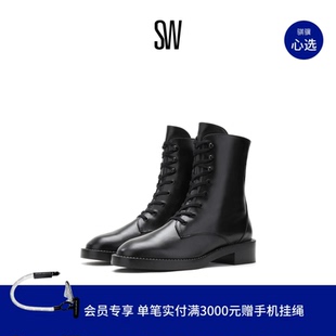 BOOTIE SHINE 暗黑圆头短靴系带马丁靴女粗跟短靴 SONDRA