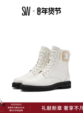 SW PIPER LIFT BOOTIE 秋冬季珍珠装饰粗跟短靴系带马丁靴女
